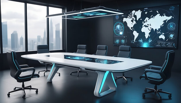 Futuristic Conference Room: Digital World Map, Cityscape View, Modern Design.