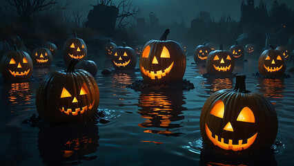 An underwater graveyard where haunted jack-o'-lanterns float above tombstones, illuminating the darkness with a ghostly orange glow.