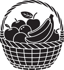 Black and white illustration of a fruit basket with apples and bananas
