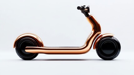 Naklejka premium An eye-catching copper electric scooter displayed in profile, highlighting its sleek design, smooth lines, and modern appeal against a clean white backdrop for functional aesthetics.