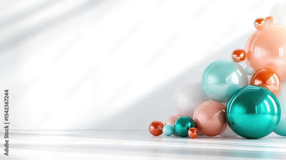 Poster a vibrant composition of various sized colorful bubbles in shades of teal, peach, and orange, creati