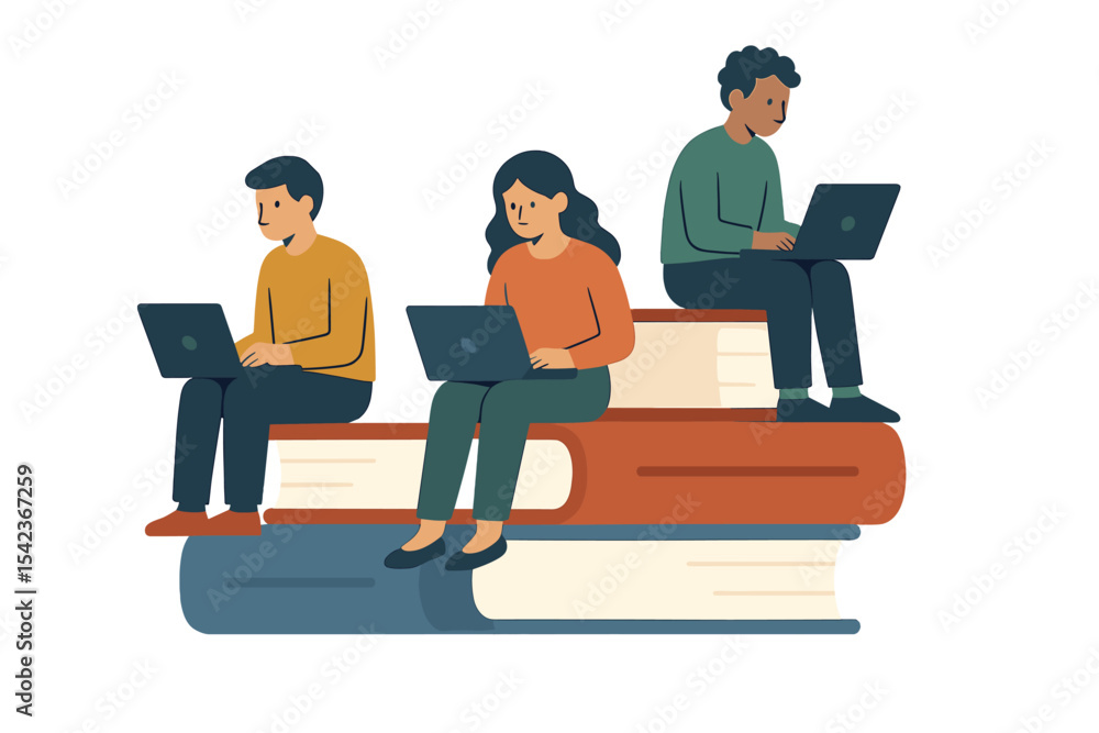 Aufkleber three students are seated on a stack of books, conducting research and working on a laptop computer,