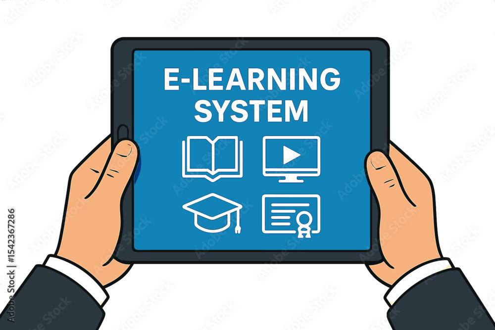 Poster a businessman's hands grasp a tablet computer displaying an e-learning platform