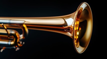 Obraz premium A close-up of a shiny brass trumpet reflecting warm light against a black background, highlighting its exquisite craftsmanship and musical elegance.