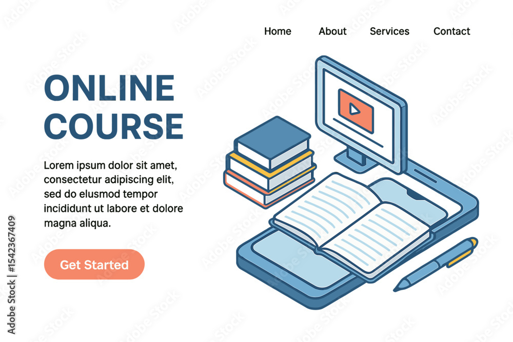 Poster concept for an isometric 3d online course, featuring a website landing page with e-learning courses,