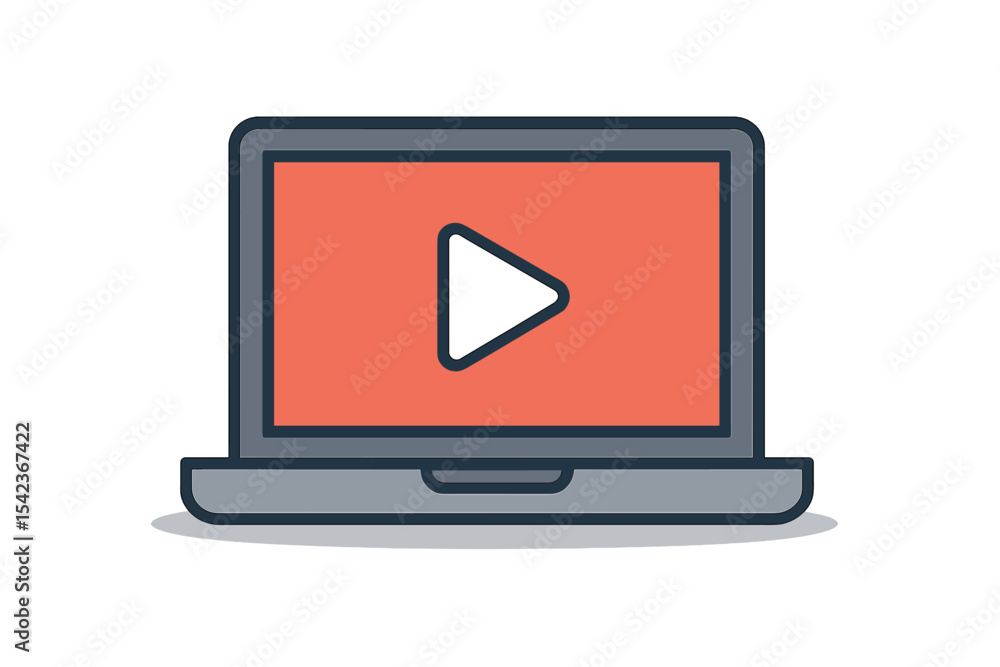 Poster laptop computer concept featuring a video media player icon, presented in a flat design vector illus