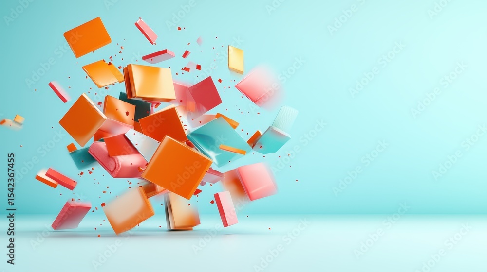 Poster an exciting visual of colorful blocks bursting apart, depicting an energetic scene filled with motio