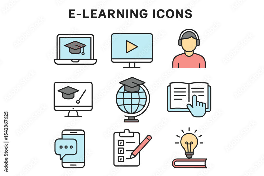 Poster vector line icons set of e-learning icons featuring premium quality and simple thin line design
