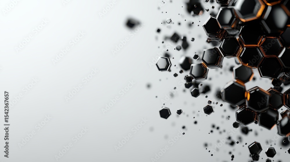 Poster an artistic representation of black hexagons and organic shapes against a crisp white background, sy
