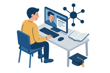 A student is depicted studying at a computer in a character study, surrounded by web and network elements, with a man reading in preparation for graduation, suitable for use in web banners