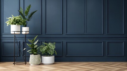A modern, minimalist interior scene featuring a deep navy blue wall with elegant panel molding along the lower portion