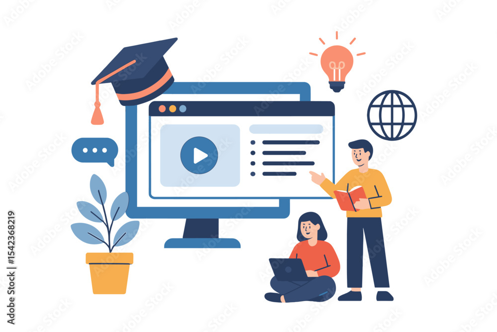 Aufkleber the concept of online education is represented through vector flat graphic design illustrations of i