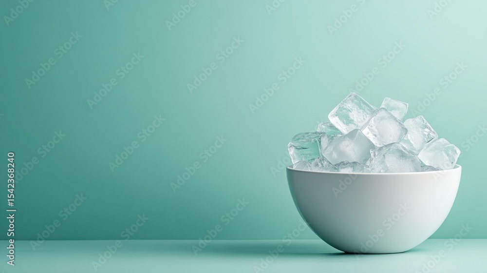 Poster a clean and serene image featuring a bowl filled with clear ice cubes, creating a refreshing visual 