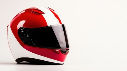 Fototapeta premium A sleek red and white racing helmet posed elegantly against a neutral backdrop, emphasizing speed, safety, and the thrill of motorsport culture.