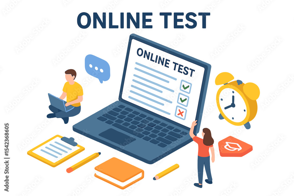 Aufkleber the concept of online testing is depicted through a vector illustration, featuring an isometric comp