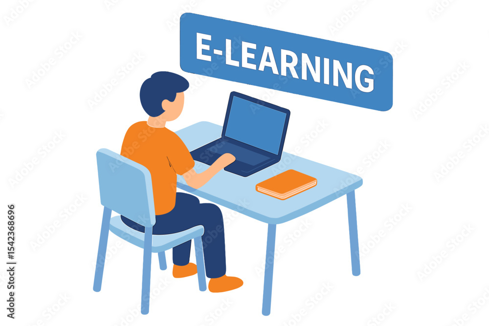 Poster online learning from the comfort of home is depicted in an illustration of a student at a desk with 