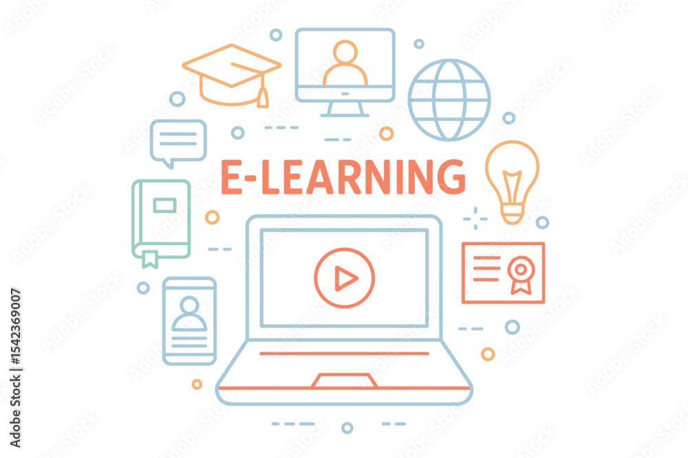 Aufkleber e-learning vector concept linear colorful round illustration on dark background’ becomes ‘e-learning