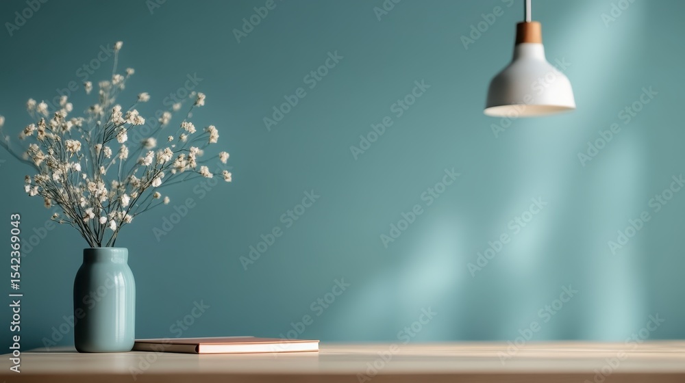 Poster a stylish workspace featuring a vase of delicate flowers and a book against a soft turquoise backdro
