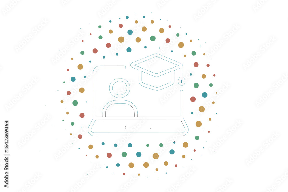 Aufkleber a big white outline of a distance learning icon is centered, encircled by tiny multicolored dots arr