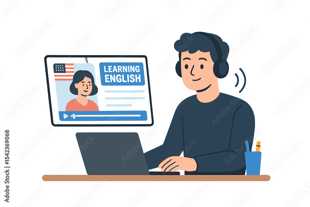 Poster the concept of learning english through an online course or on a laptop computer represents e-learni