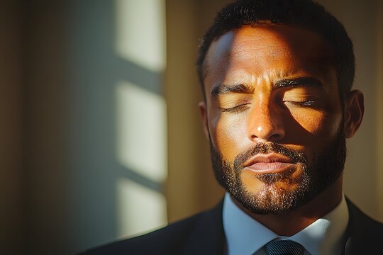 Portrait of elegant man with beard and closed eyes standing in warm sunlight, formal fashion concept with soft shadows for lifestyle branding and skincare advertising

