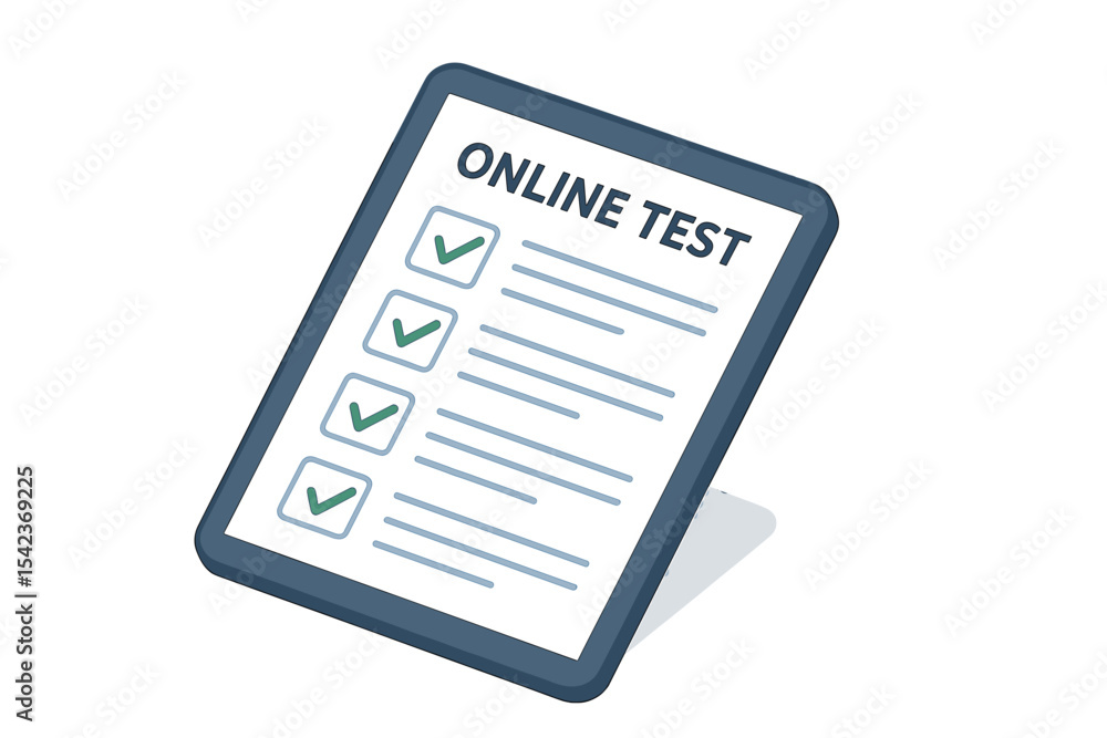Aufkleber digital tablet screen displaying an online test or exam isometric concept with a list containing che