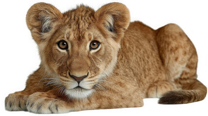 Obraz premium A cute lion cub lying down is isolated on transparent background