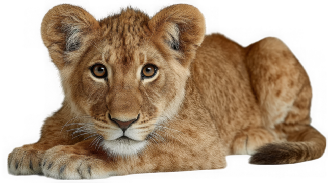A cute lion cub lying down is isolated on transparent background