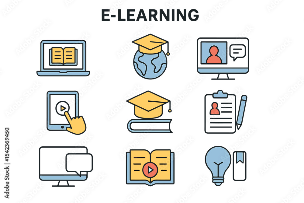 Aufkleber e-learning linear vector icons are isolated on a white background, comprising an icon set suitable f