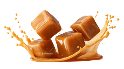 Caramel Candies Splashing isolated on a transparent background 