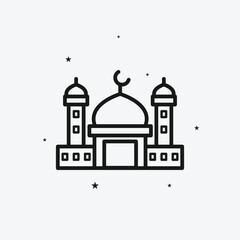 Mosque with Dome and Minarets, Featuring a Crescent Moon and Scattered Stars, Representing Islamic Worship or Architecture, White Outline Icon
