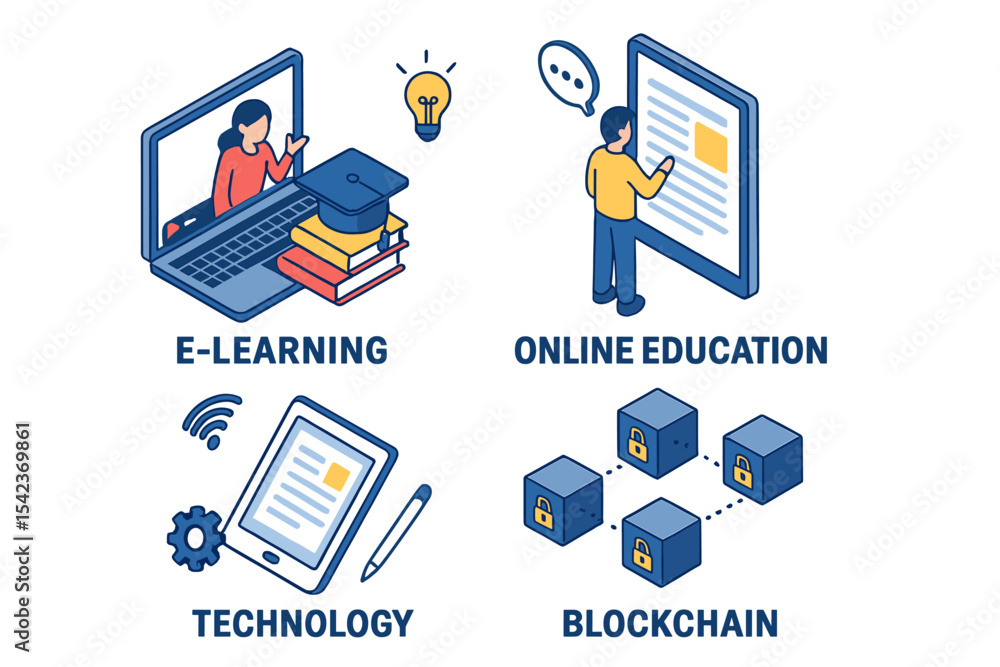 Poster online education technology utilizes blockchain, showcasing isometric e-learning activity and proces
