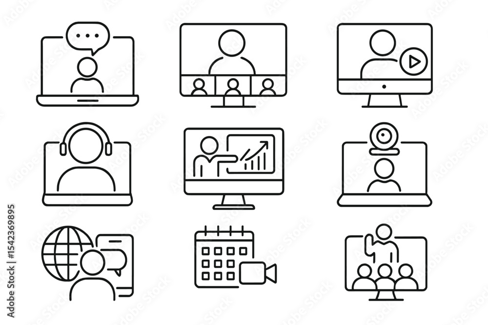 Poster a collection of online seminar icons in black is available, featuring a large set of vector linear i