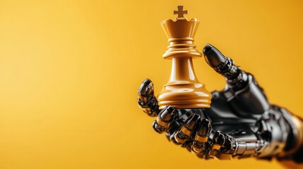 This striking image depicts a robotic hand delicately holding a golden king chess piece, symbolizing the fusion of technology and strategy in the game of chess and life itself.
