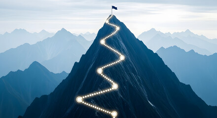 Path to Success Mountain Peak with Illuminated Route for Business Strategy