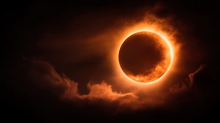 Obraz premium This captivating image depicts a solar eclipse surrounded by an intense fiery halo, creating a magical atmosphere that highlights the beauty of celestial phenomena.