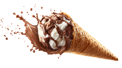 Chocolate Vanilla Ice Cream Cone Splash isolated on a transparent background