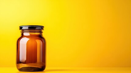 An amber jar with a black lid stands prominently against a sunny yellow backdrop, symbolizing storage and simplicity, evoking feelings of nostalgia and vintage charm.