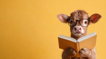This adorable baby cow in glasses holds an open book, symbolizing curiosity and intelligence in a fun and whimsical way against a bright yellow background.