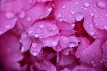 Pink Peony Flower with rain water droplets close up. Purple pink peony flower petal with raindrops abstract.