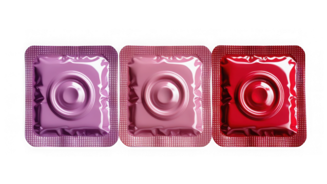 Three condoms in different colored packaging isolated on transparent background