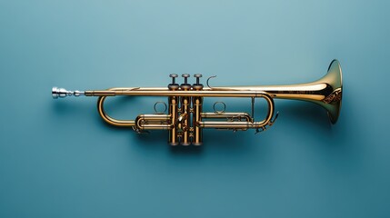 Obraz premium A gleaming trumpet is showcased on a vibrant blue background, capturing the essence of music and artistry, reflecting the elegance of brass instruments in photography.