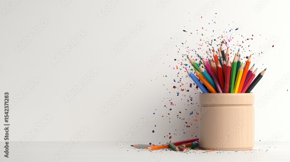 Poster a vibrant array of colored pencils splashing with colorful confetti in a wooden holder, showcasing c