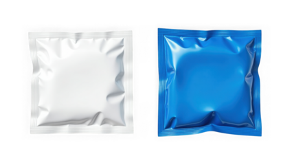 Two square foil packages, one white and one blue, isolated on transparent background