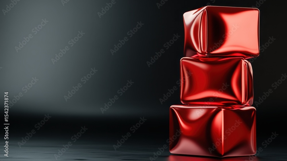 Poster a striking image of a stack of shiny red sculptures on a dark surface, symbolizing modern art and el