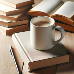 Fototapeta premium White ceramic mug placed on closed book on light wood table 