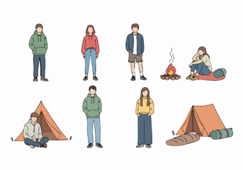 Minimalist Handdrawn Set of People Camping Outdoor Adventure Lifestyle Illustration