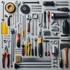  Basic tools set on light gray background, neatly aligned 
