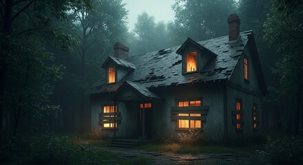 Mysterious old house in a foggy forest at night. Warm light emanates from the windows, creating an eerie and intriguing atmosphere. Ideal for concepts of horror, folklore, or mystery.