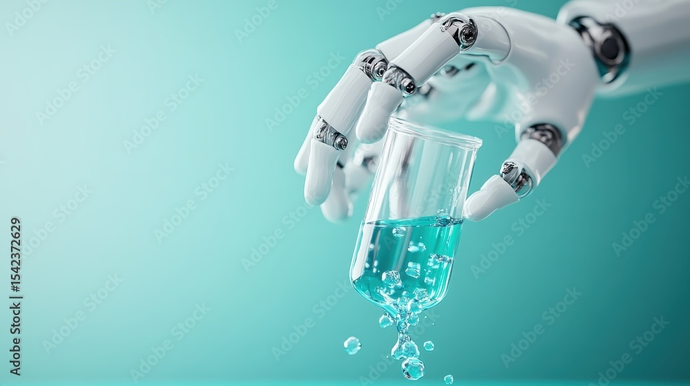 Poster a futuristic robotic hand gently holds a laboratory beaker filled with turquoise liquid, symbolizing